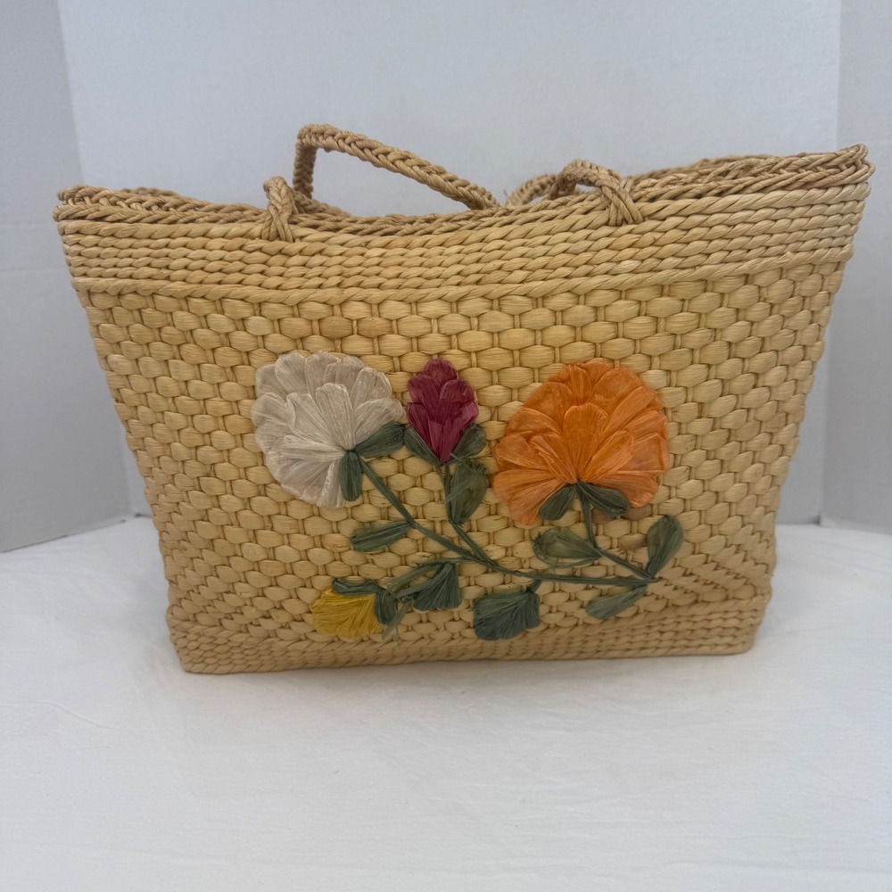 Vintage Woven Straw Tote Bag Raffia Floral Embroidery Boho Basket Beach Bag Tan - Picture 2 of 14
